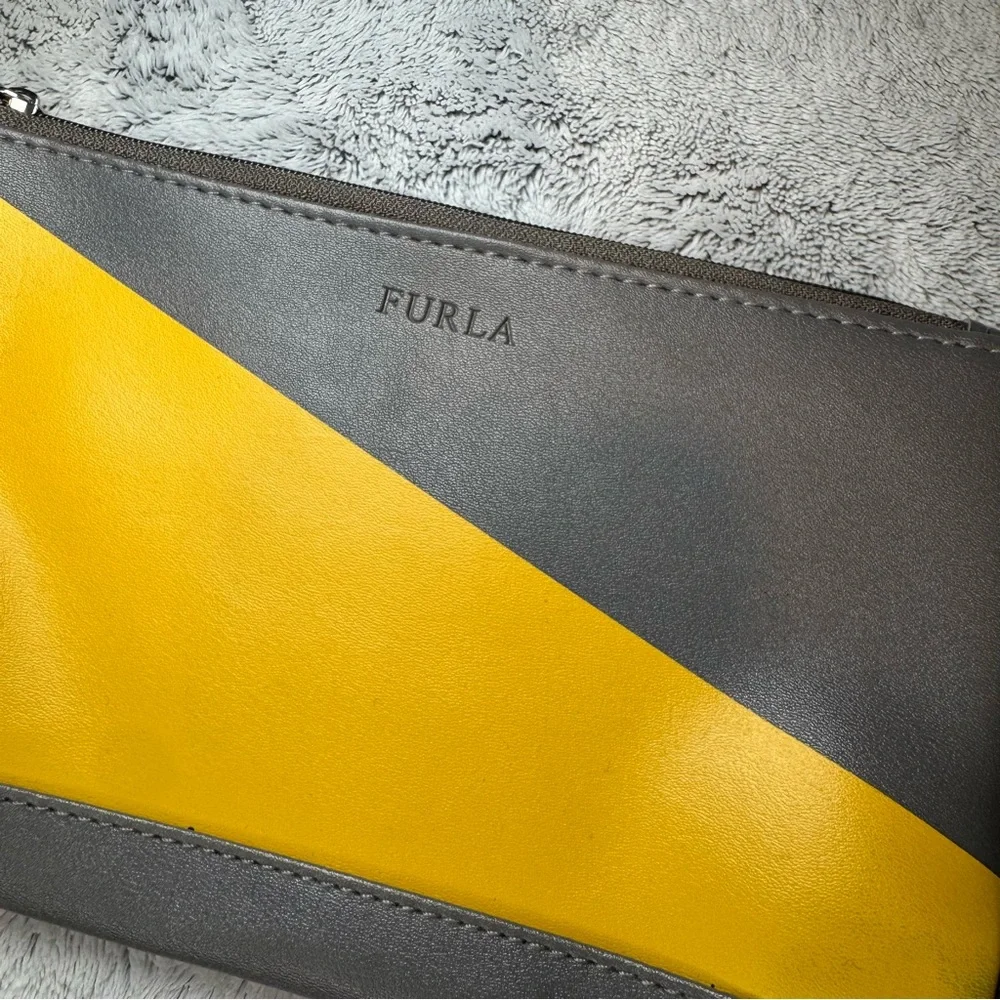 FURLA Eva Air Cosmetic Bag Zippered Gray and Yellow Faux Leather Bag EUC
